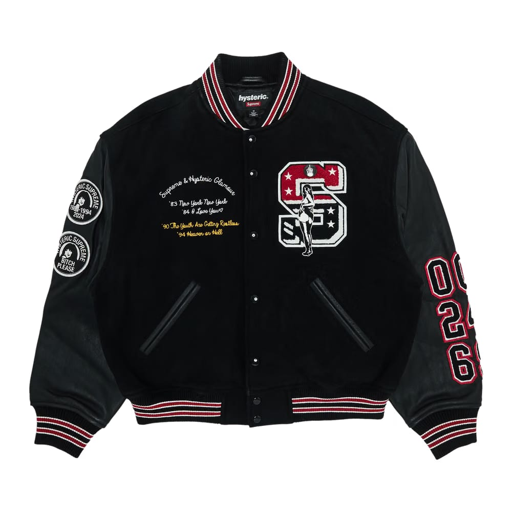 Supreme x HYSTERIC GLAMOUR Varsity Jacket Black