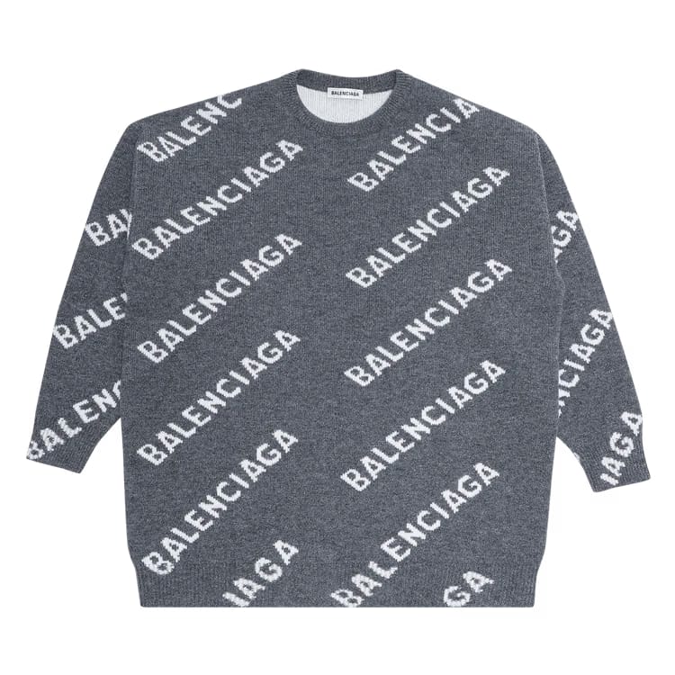 Balenciaga All Over Logo Wool Crewneck Dark Grey/White