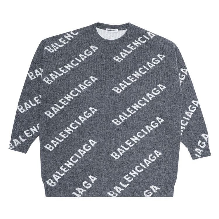 Balenciaga All Over Logo Wool Crewneck Dark Grey/White
