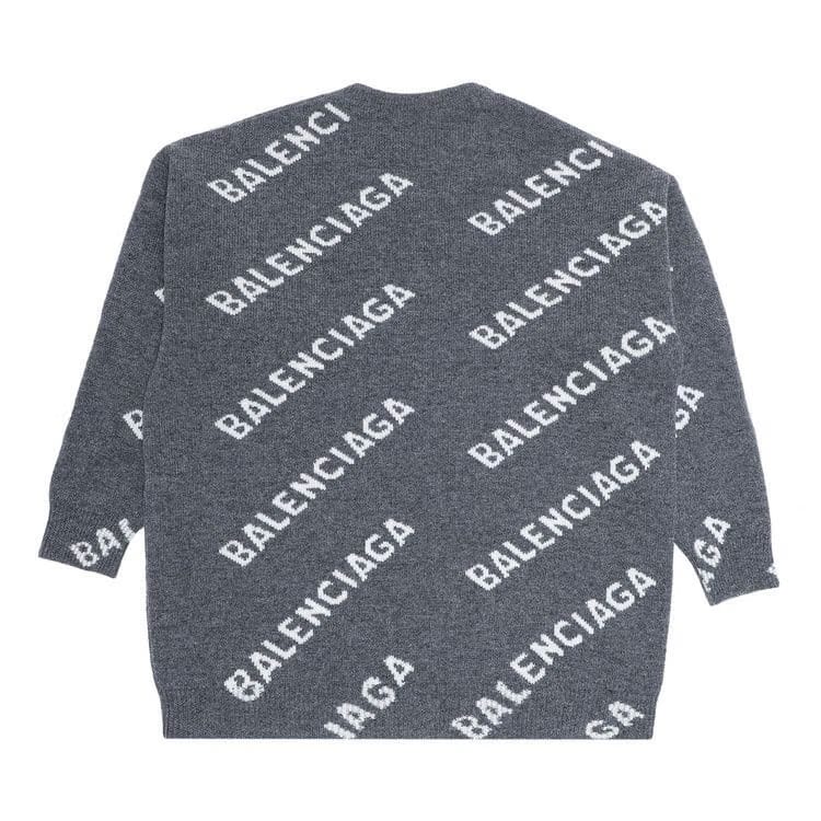 Balenciaga All Over Logo Wool Crewneck Dark Grey/White