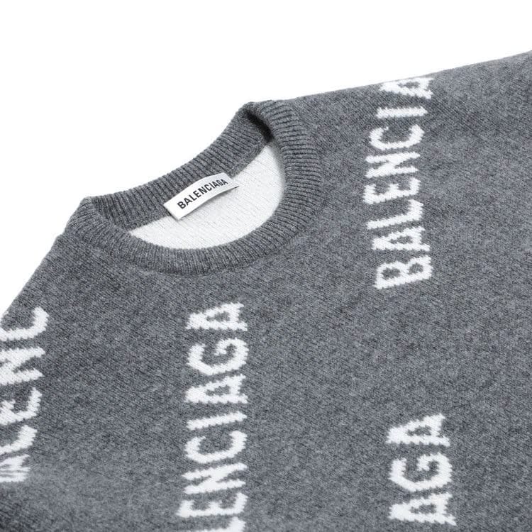 Balenciaga All Over Logo Wool Crewneck Dark Grey/White