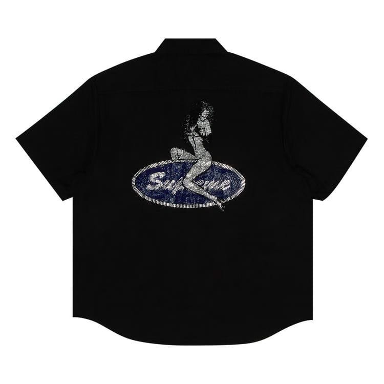 Supreme Rhinestone Pin Up Shorts-Sleeve Work Shirt Black