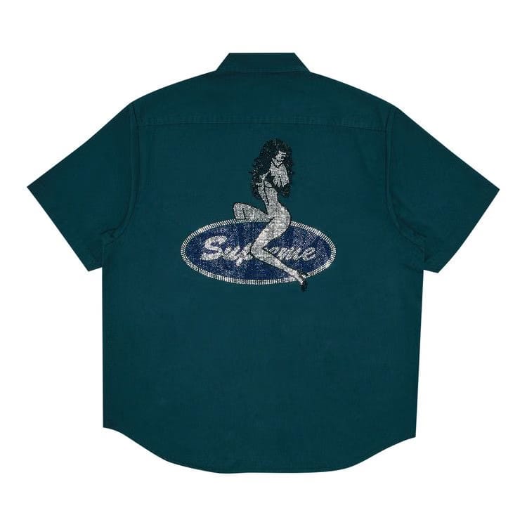 Supreme Rhinestone Pin Up Shorts-Sleeve Work Shirt Work Green