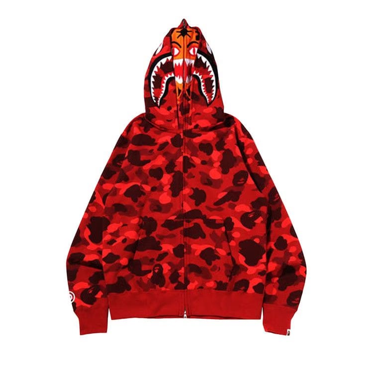 BAPE Color Camo Tiger Shark Wide Full Zip Double Hoodie Red