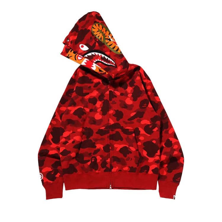 BAPE Color Camo Tiger Shark Wide Full Zip Double Hoodie Red
