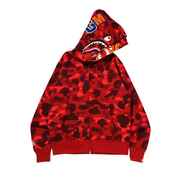 BAPE Color Camo Tiger Shark Wide Full Zip Double Hoodie Red