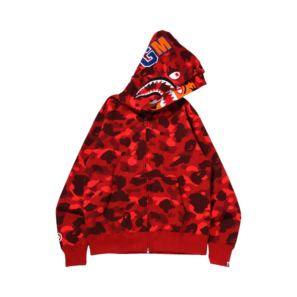 BAPE Color Camo Tiger Shark Wide Full Zip Double Hoodie Red