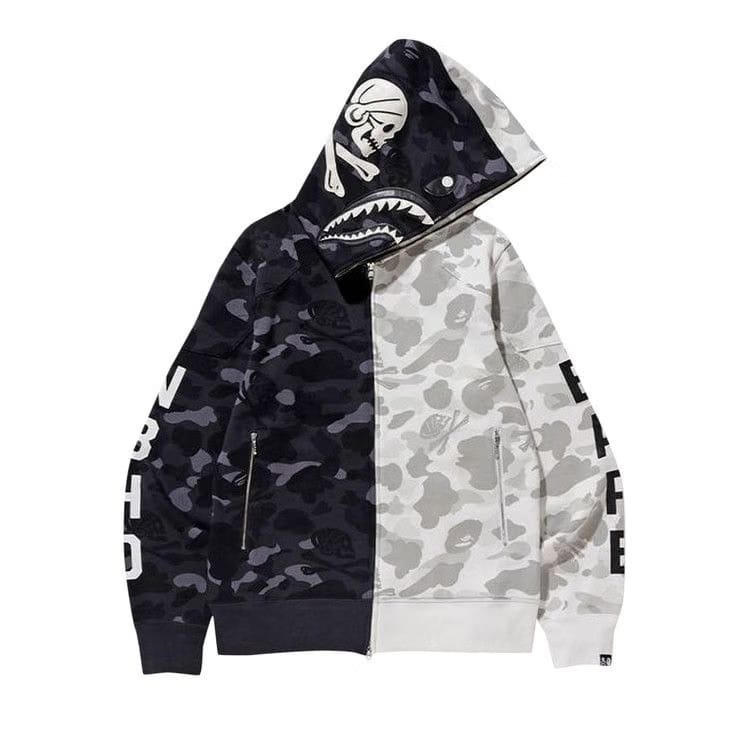 BAPE x Neighborhood Split Camo Shark Full Zip Hoodie Black