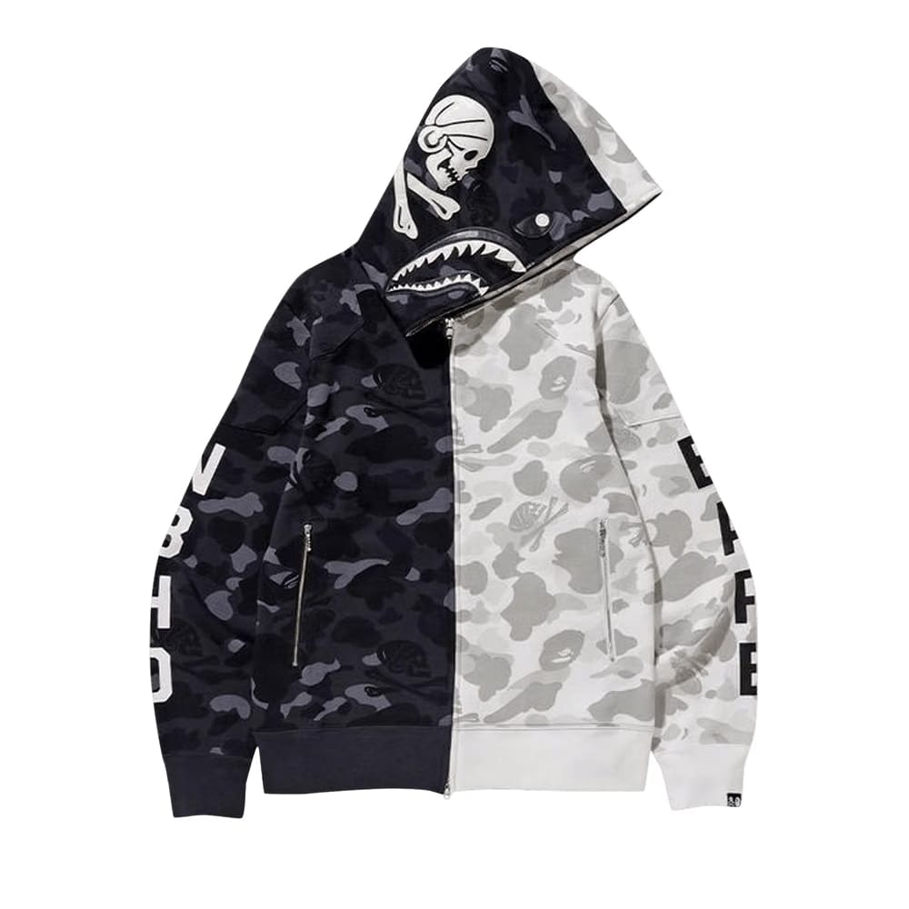 BAPE x Neighborhood Split Camo Shark Full Zip Hoodie Black
