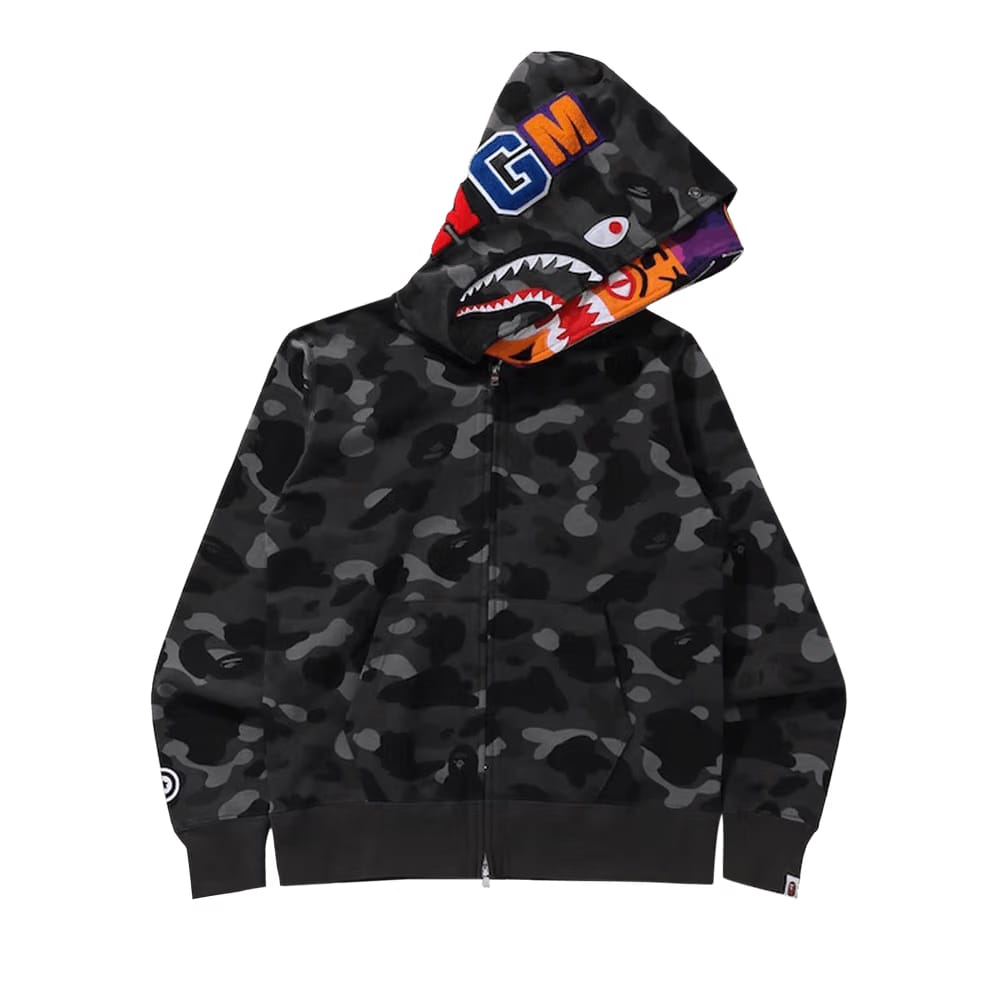 BAPE Color Camo Tiger Shark Wide Full Zip Double Hoodie Black