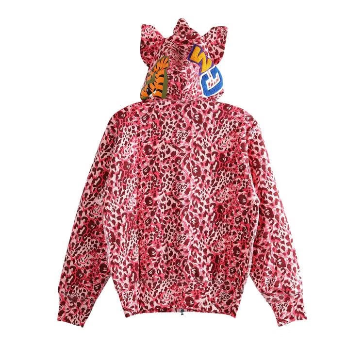 BAPE Wild Leopard Pattern Milo Shark Full Zip Hoodie Pink