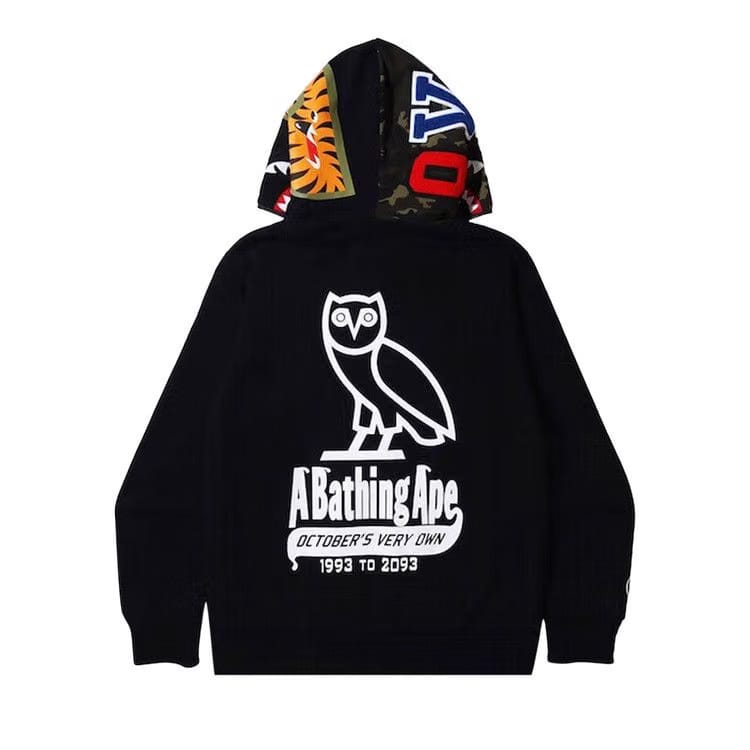 BAPE x OVO Woodland Camo Shark Reversible Full Zip Hoodie Black