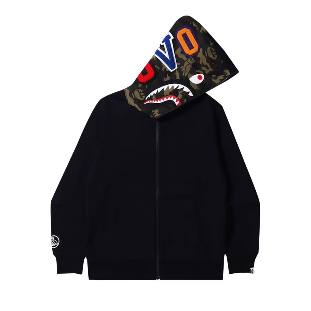 BAPE x OVO Woodland Camo Shark Reversible Full Zip Hoodie Black