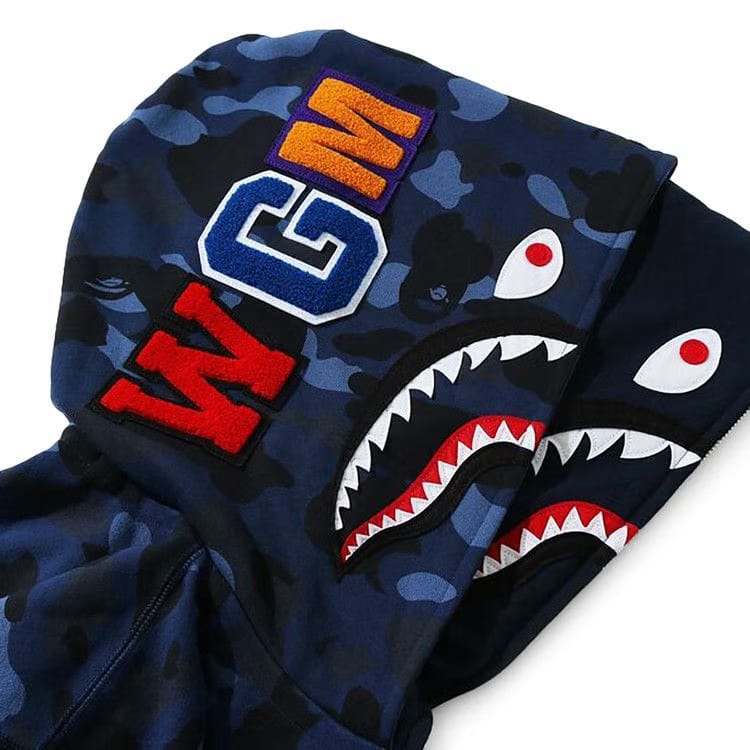BAPE Color Camo Shark Wide Full Zip Double Hoodie Navy
