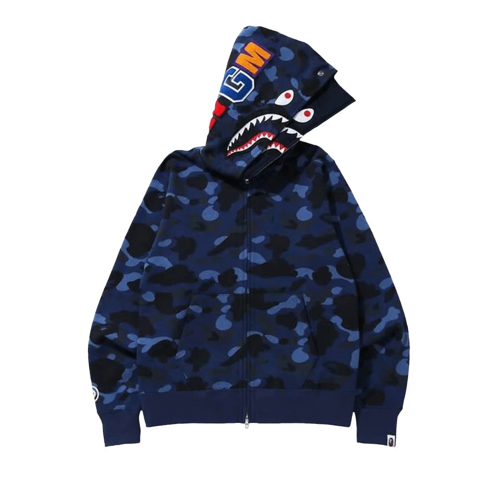 BAPE Color Camo Shark Wide Full Zip Double Hoodie Navy