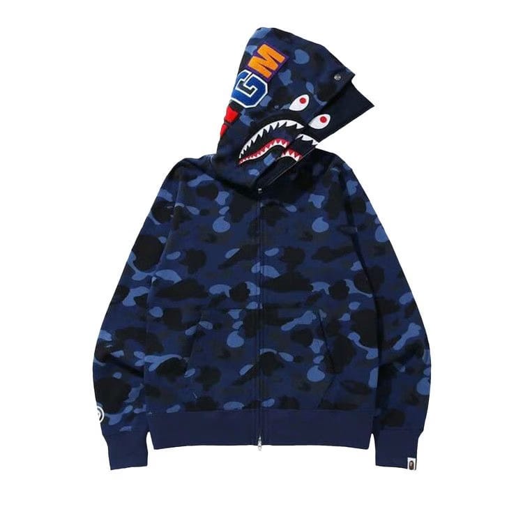 BAPE Color Camo Shark Wide Full Zip Double Hoodie Navy