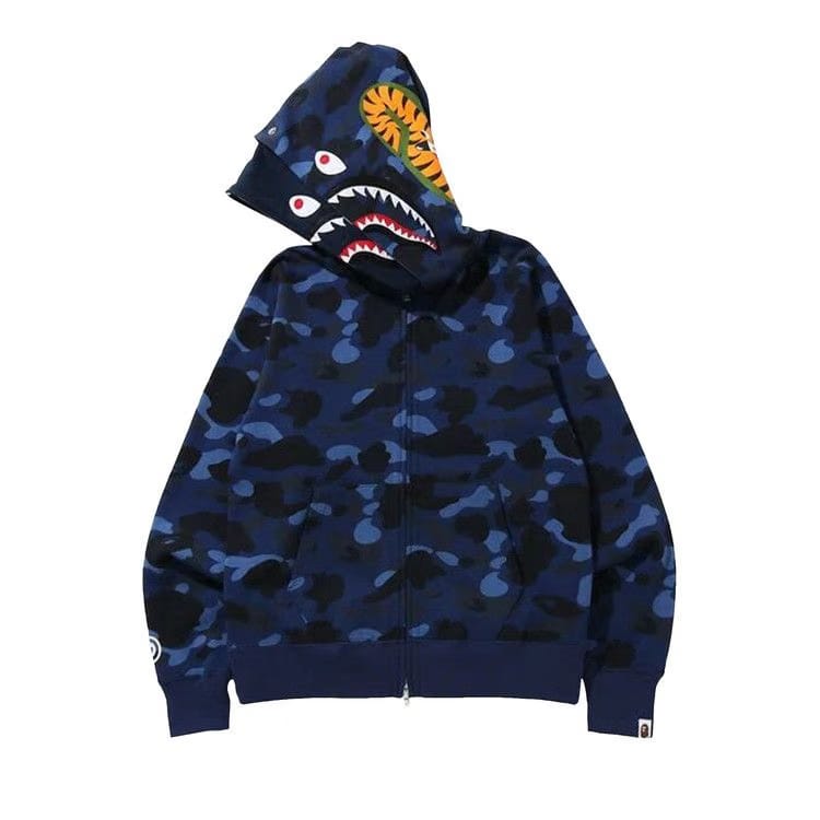 BAPE Color Camo Shark Wide Full Zip Double Hoodie Navy