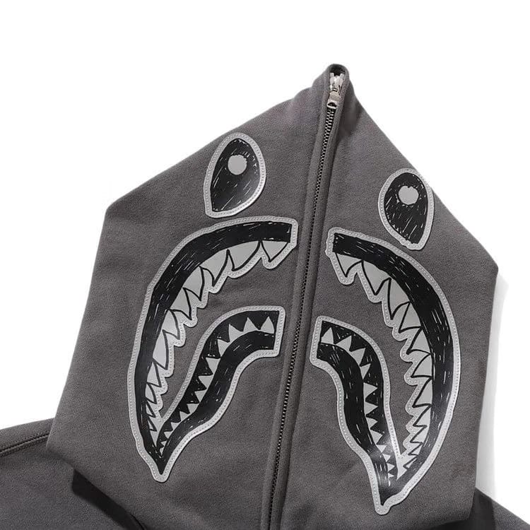 BAPE Hand Drawn Face Relaxed Fit Shark Full Zip Hoodie Grey