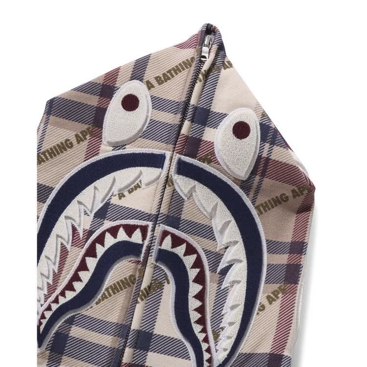BAPE Logo Check Pattern Shark Full Zip Hoodie Beige