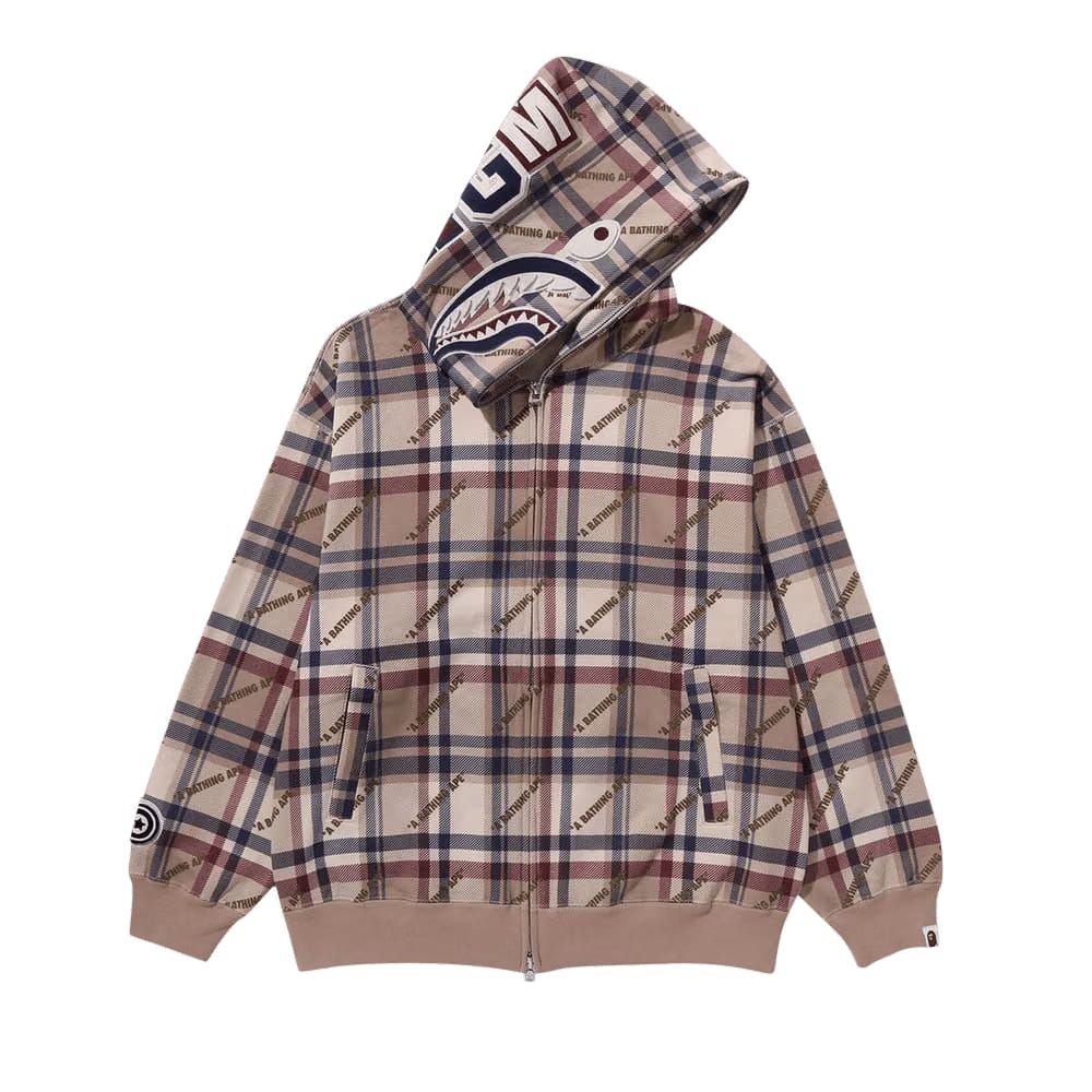 BAPE Logo Check Pattern Shark Full Zip Hoodie Beige