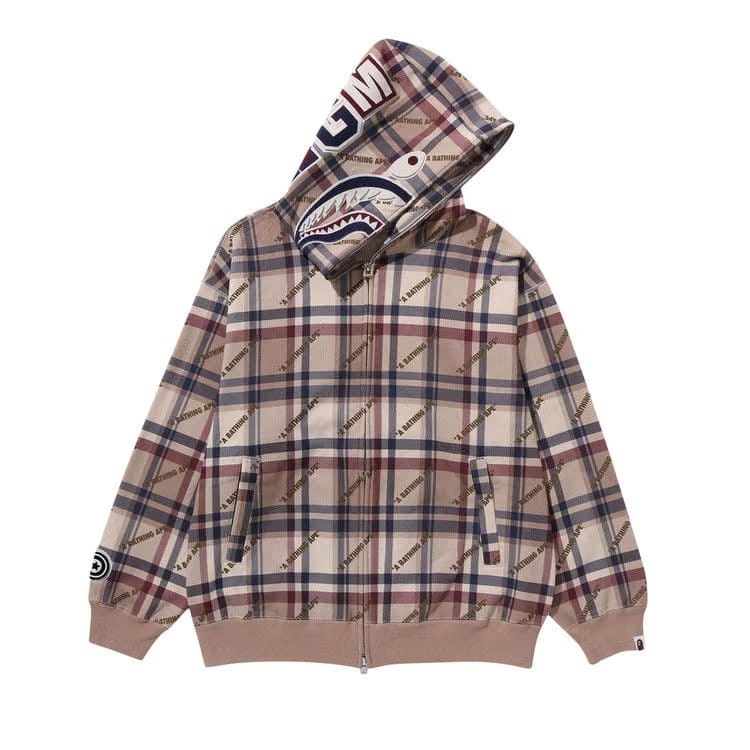 BAPE Logo Check Pattern Shark Full Zip Hoodie Beige