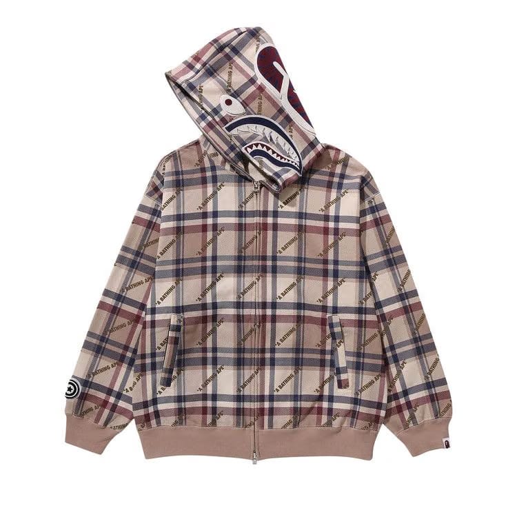BAPE Logo Check Pattern Shark Full Zip Hoodie Beige