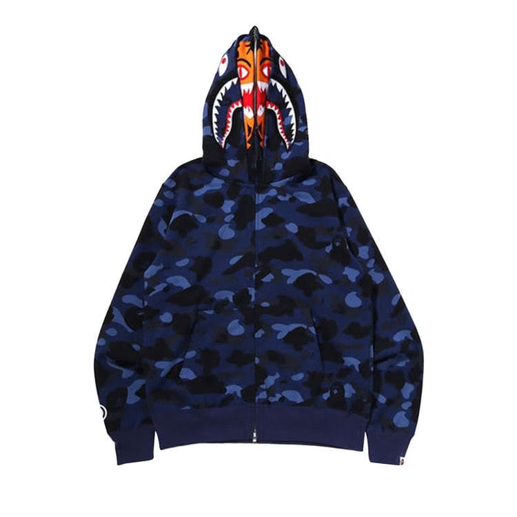 BAPE Color Camo Tiger Shark Wide Full Zip Double Hoodie Navy
