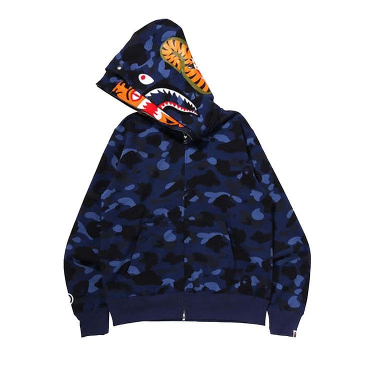 BAPE Color Camo Tiger Shark Wide Full Zip Double Hoodie Navy