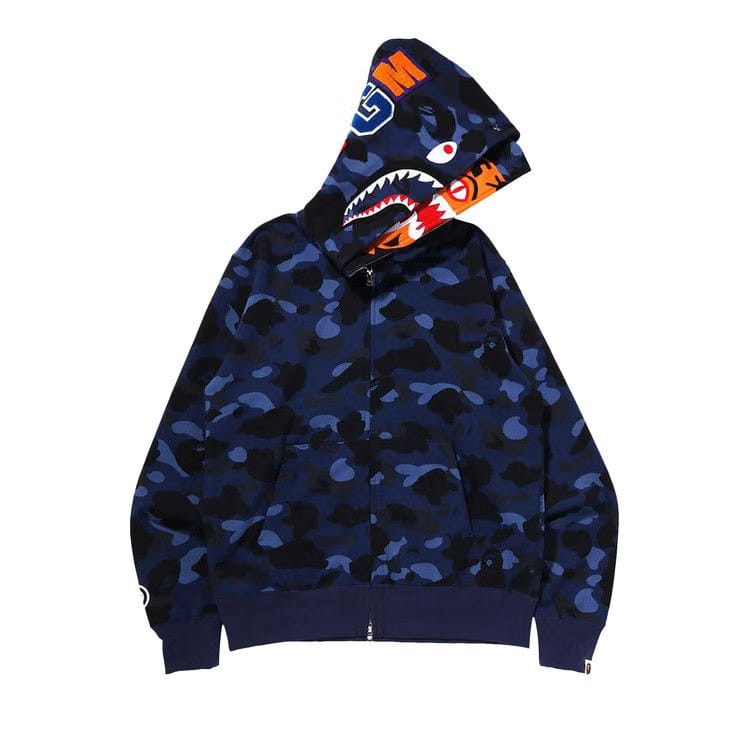 BAPE Color Camo Tiger Shark Wide Full Zip Double Hoodie Navy