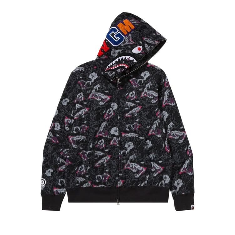 BAPE Japanese Tattoo Camo Shark Full Zip Hoodie Black