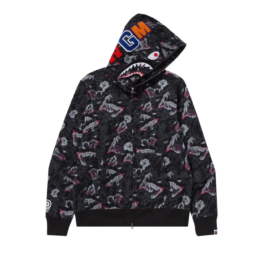 BAPE Japanese Tattoo Camo Shark Full Zip Hoodie Black
