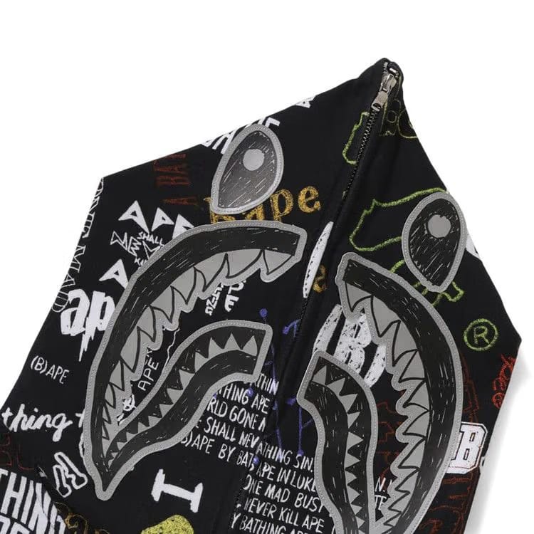 BAPE Hand Draw Pattern Shark Zip Hoodie Black