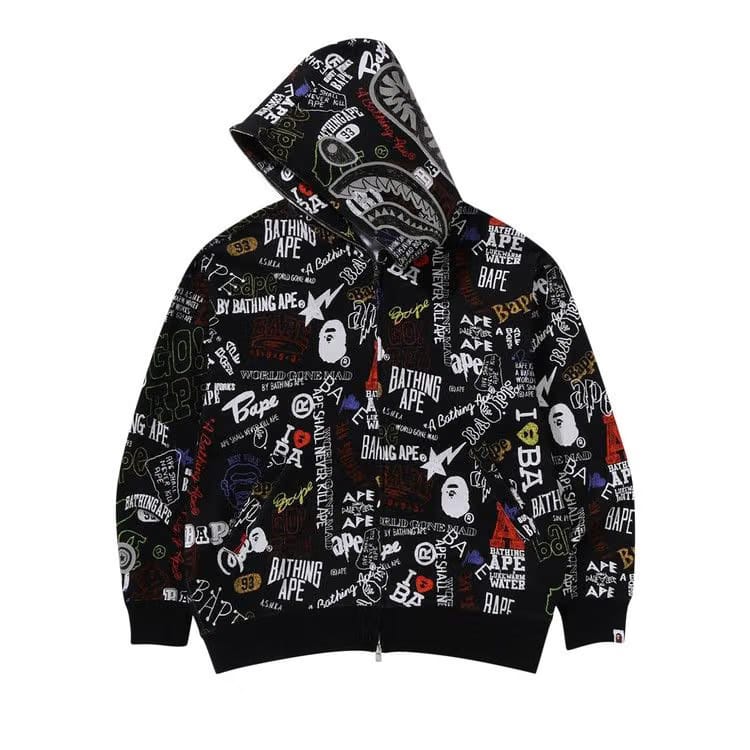 BAPE Hand Draw Pattern Shark Zip Hoodie Black