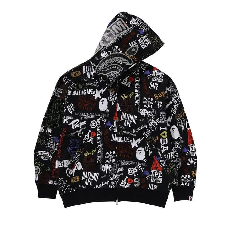 BAPE Hand Draw Pattern Shark Zip Hoodie Black