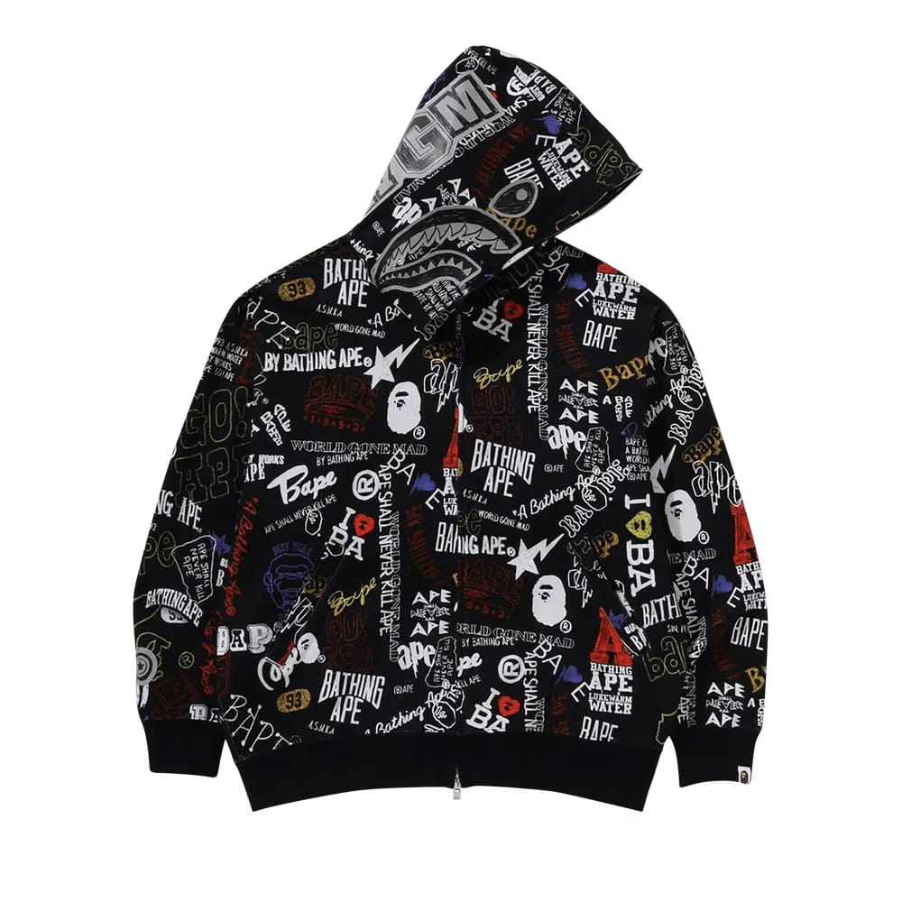 BAPE Hand Draw Pattern Shark Zip Hoodie Black