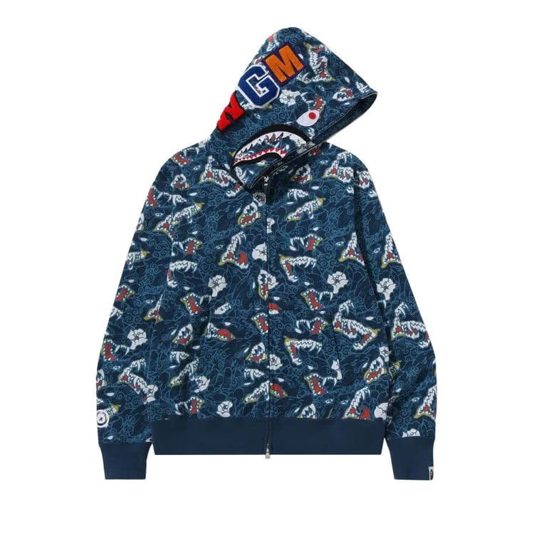 BAPE Japanese Tattoo Camo Shark Fz Hoodie Blue
