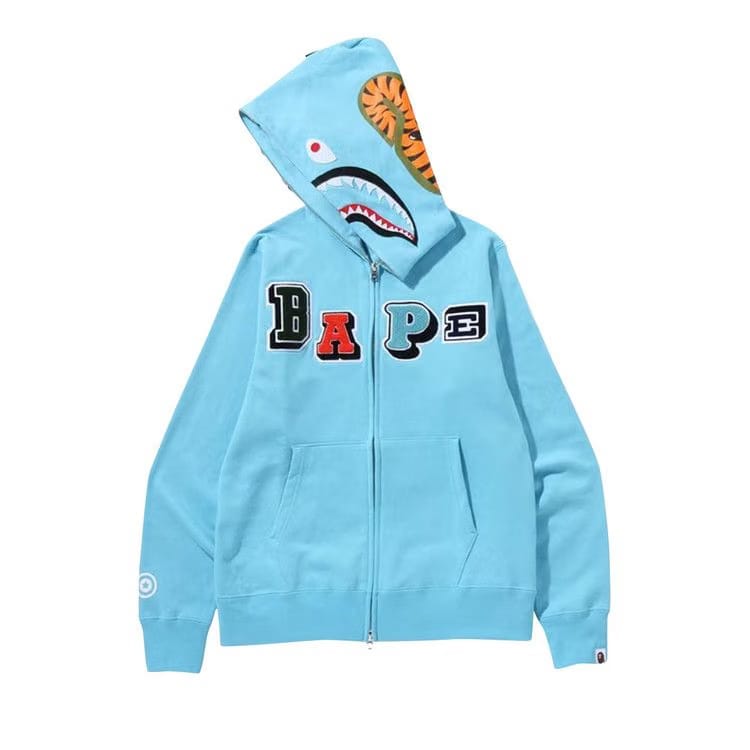 BAPE Multi Fonts Shark Full Zip Hoodie Sax