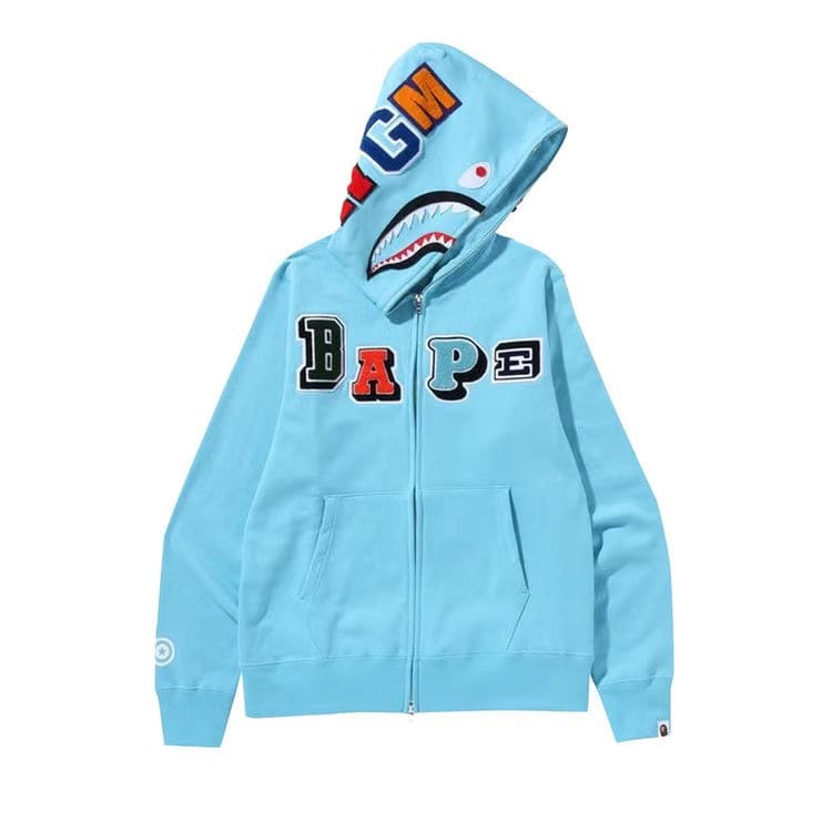 BAPE Multi Fonts Shark Full Zip Hoodie Sax