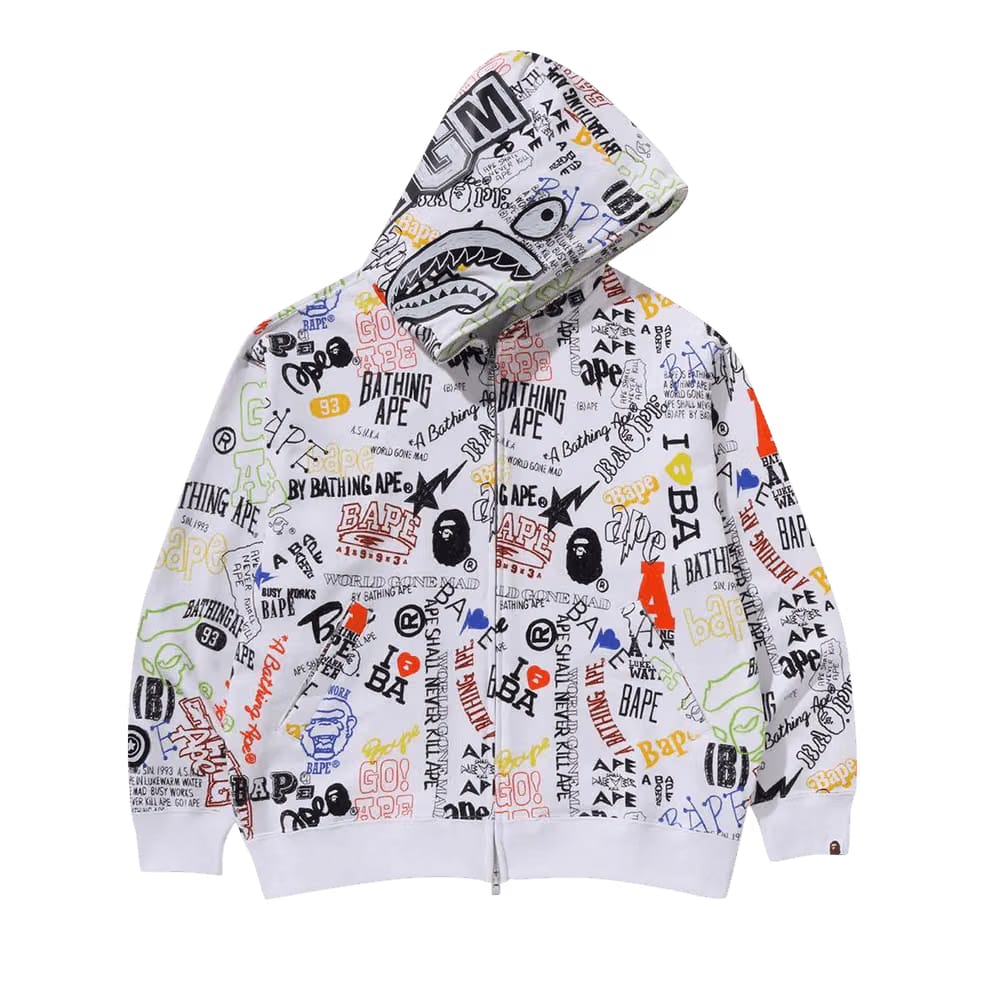 BAPE Hand Draw Pattern Shark Zip Hoodie White
