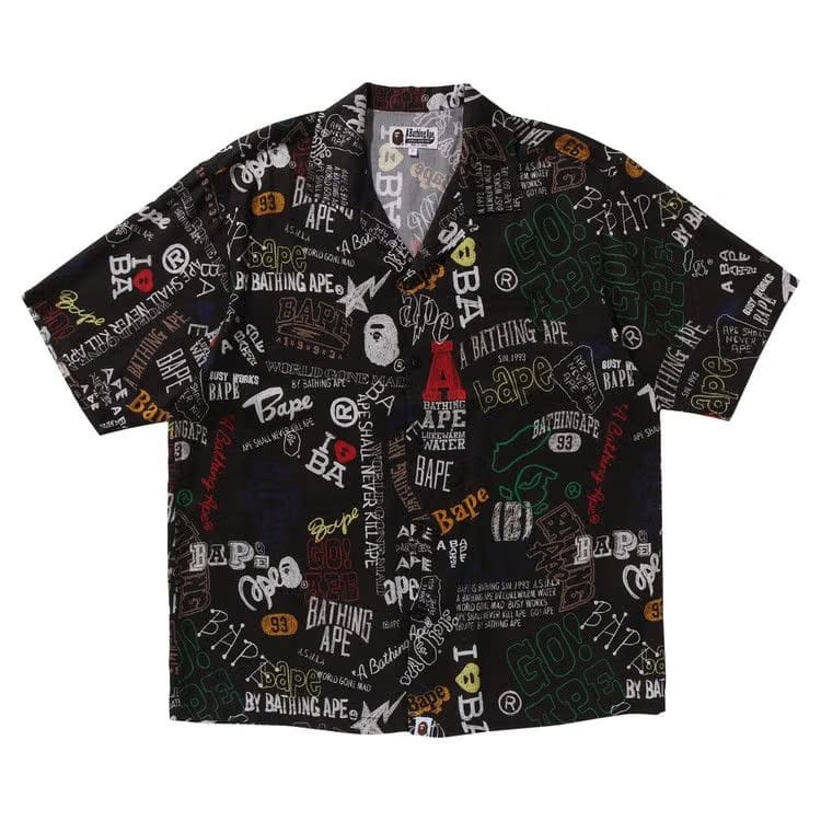 BAPE Hand Draw Open Collar Shorts-Sleeve Shirt Black