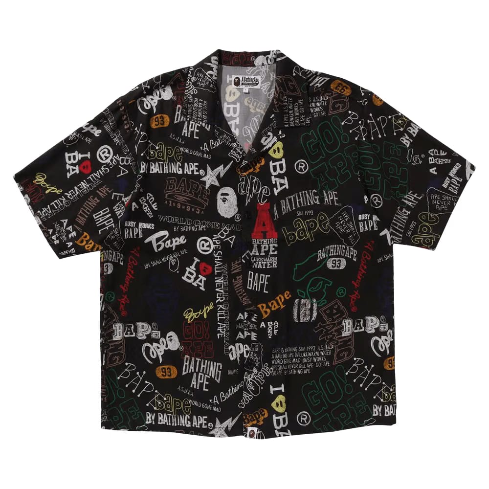 BAPE Hand Draw Open Collar Shorts-Sleeve Shirt Black