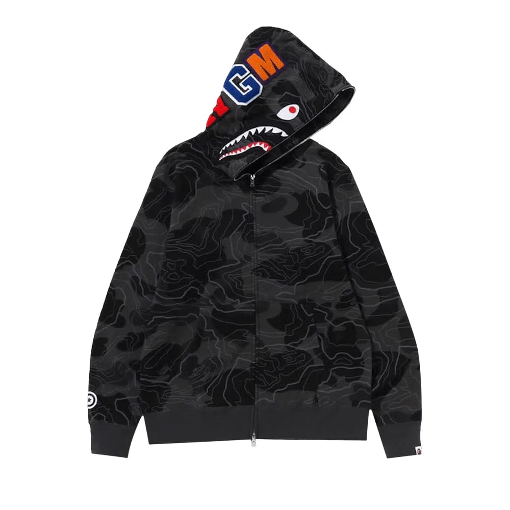 BAPE Layered Line Camo Shark Full Zip Hoodie Black