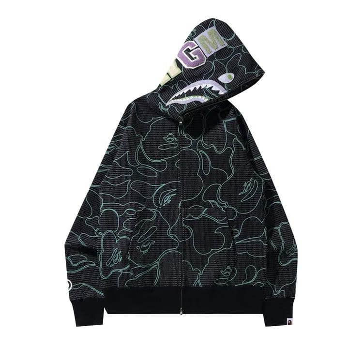BAPE Text Code Camo Shark Full Zip Hoodie Black
