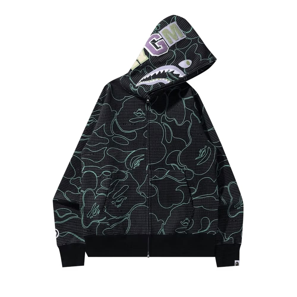 BAPE Text Code Camo Shark Full Zip Hoodie Black