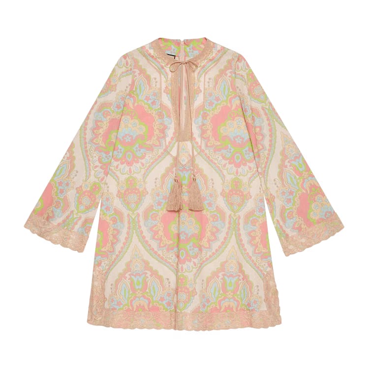 Gucci Damask Print Cotton Muslin Dress Pastel Pink