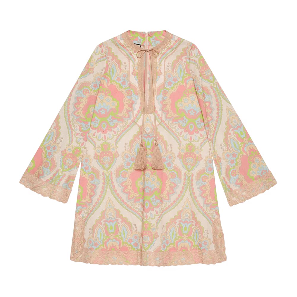 Gucci Damask Print Cotton Muslin Dress Pastel Pink