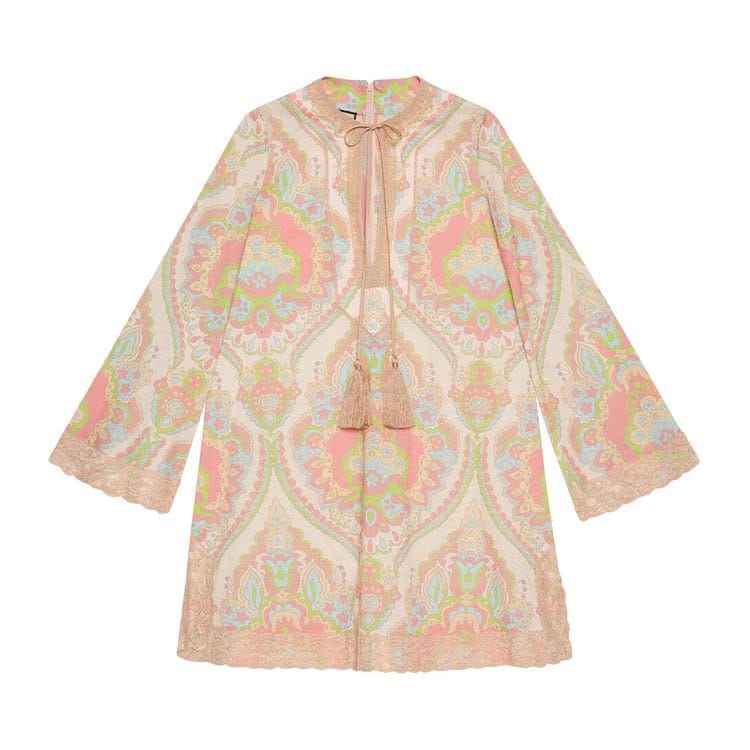 Gucci Damask Print Cotton Muslin Dress Pastel Pink