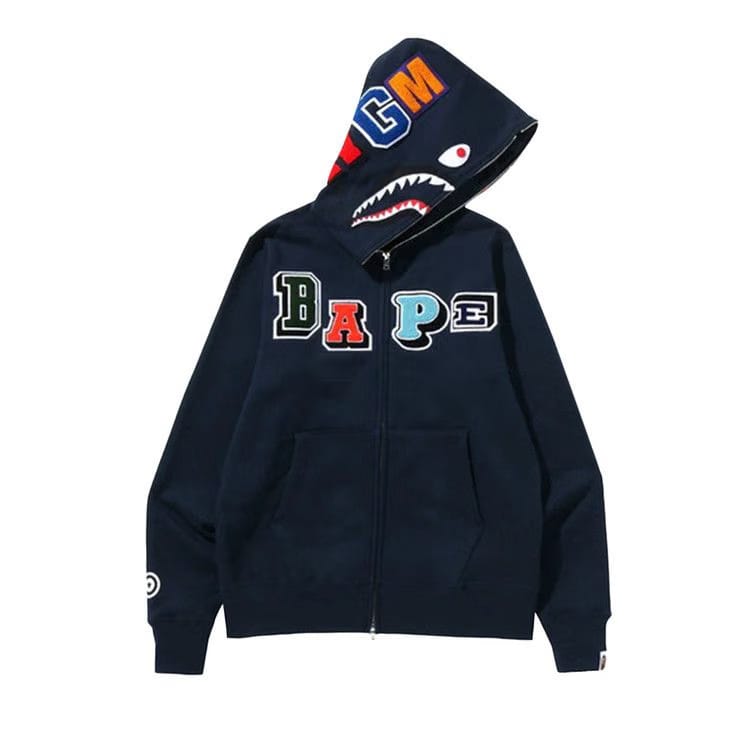 BAPE Multi Fonts Shark Full Zip Hoodie Navy