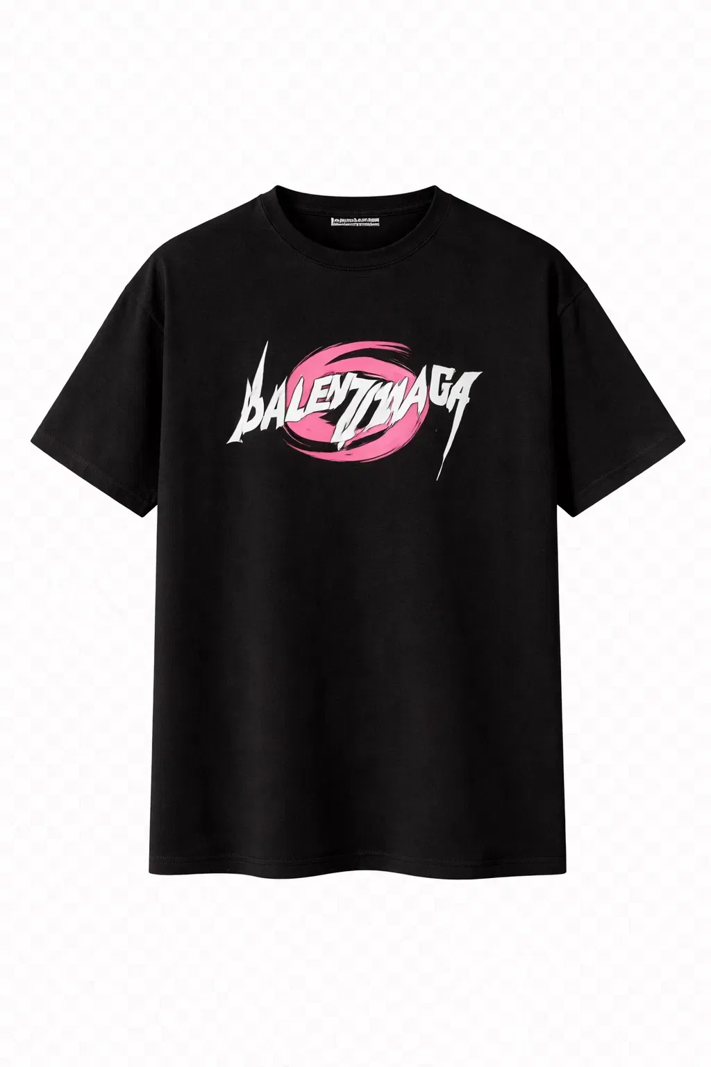 Balenciaga Black T-Shirt with an oversized fit and a pink and white logo