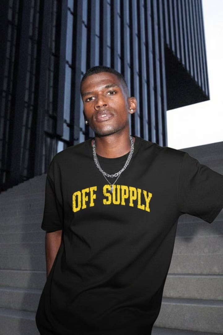 Off supply Varsity text Black T-shirt